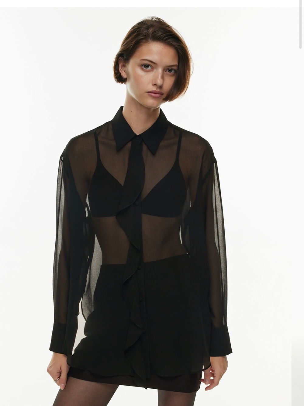 Wilfred Black Sheer Ruffle-Front Button Blouse